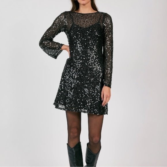 NWT SAGE THE LABEL Anthropologie Black Sequin Mini Dress, Small - Picture 1 of 10